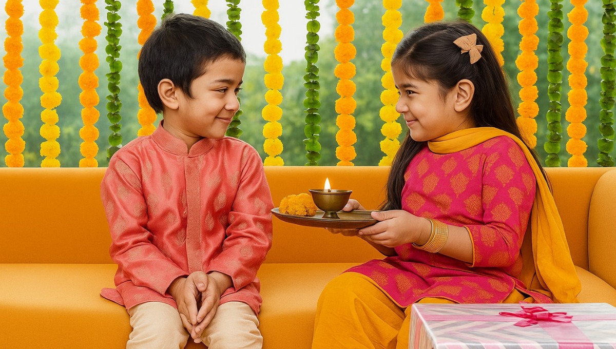 Bhai Dooj 2025 celebration with sister applying tilak on her brother’s forehead during the auspicious ritual.