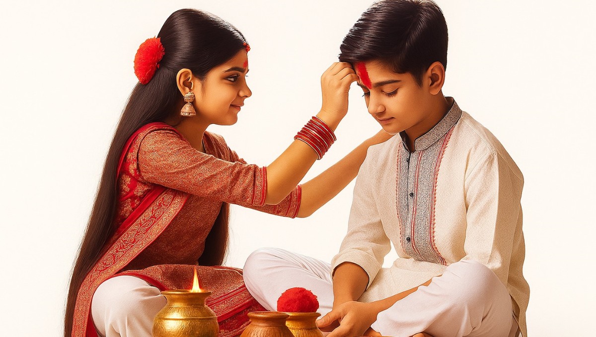 Bhai Dooj 2025 celebration with sister applying tilak on her brother’s forehead during the auspicious ritual.