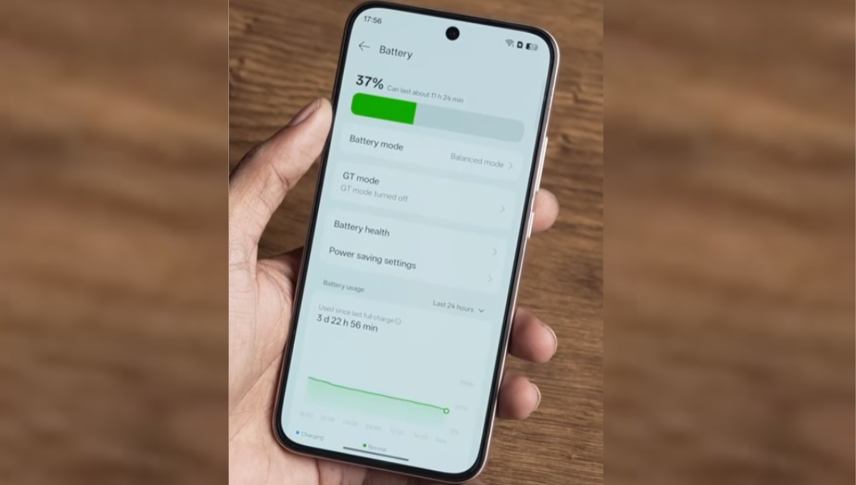 Realme 15T smartphone showing 120Hz AMOLED display, dual-camera setup, and sleek marble matte design.
