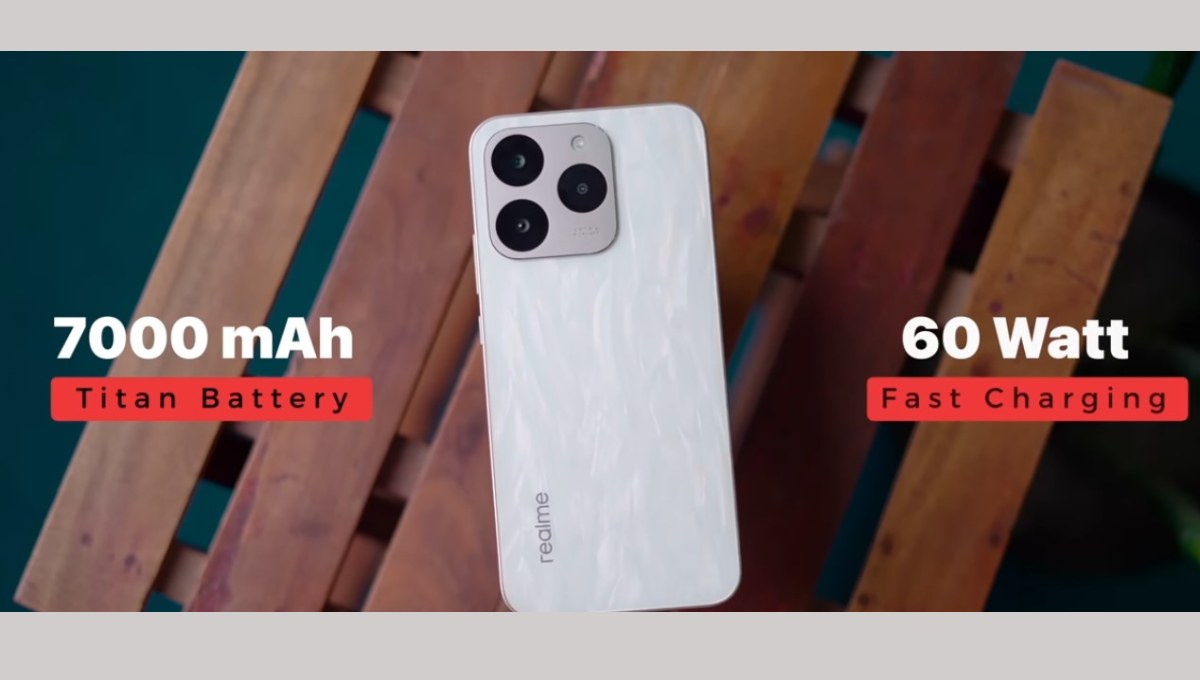 Realme 15T smartphone showing 120Hz AMOLED display, dual-camera setup, and sleek marble matte design.