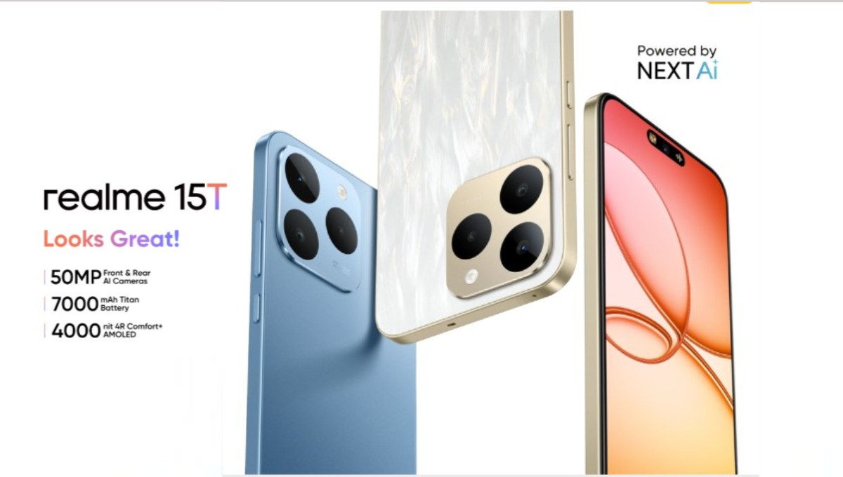 Realme 15T smartphone showing 120Hz AMOLED display, dual-camera setup, and sleek marble matte design.