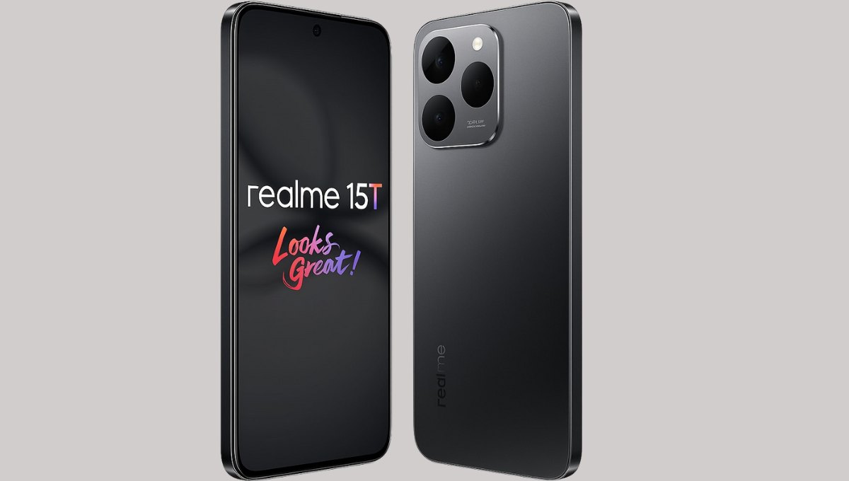 Realme 15T smartphone showing 120Hz AMOLED display, dual-camera setup, and sleek marble matte design.